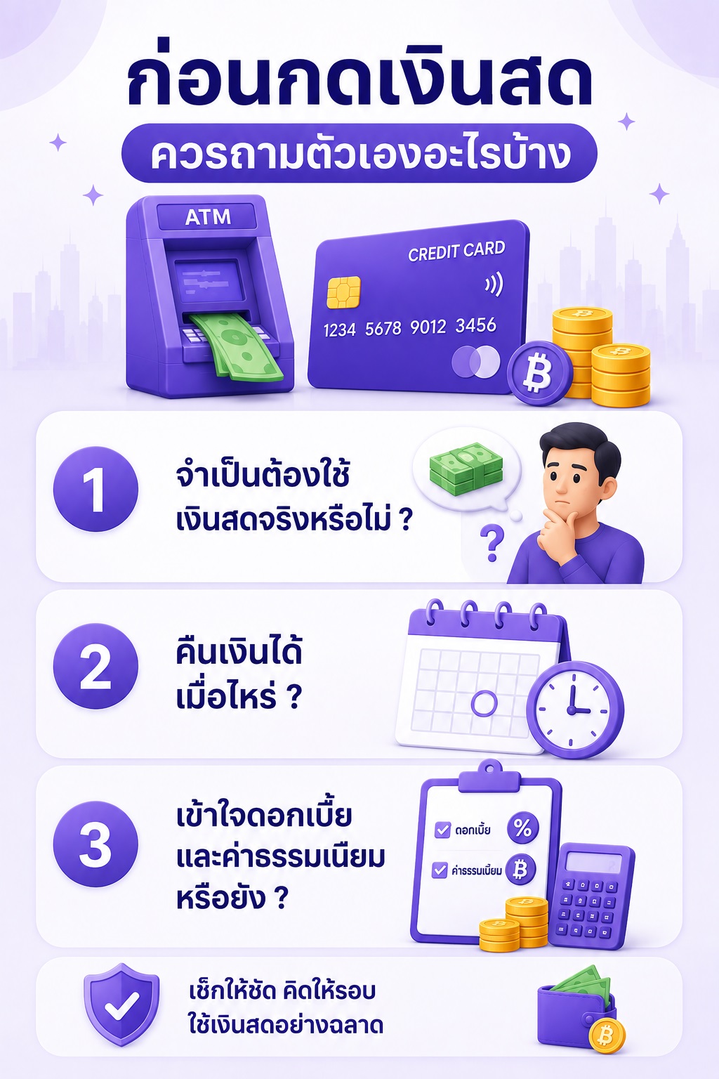เช็กลิสต์ที่ควรพิจารณาก่อนเบิกเงินสดจากบัตรกดเงินสดหรือบัตรเครดิต