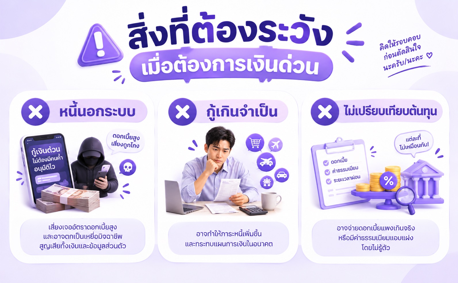 ข้อควรระวังเมื่อขอสินเชื่อเงินด่วน เช่น หนี้นอกระบบและการกู้เกินความจำเป็น