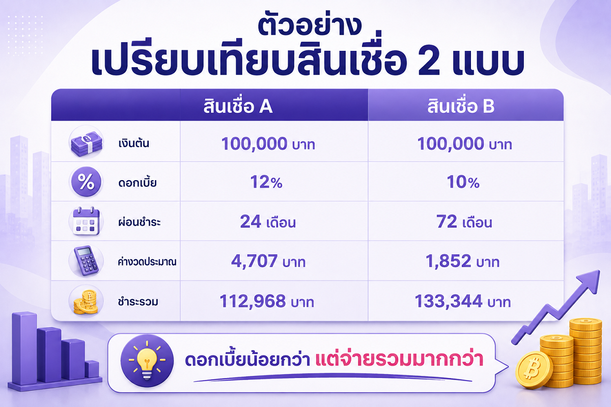 ตัวอย่างเปรียบเทียบสินเชื่อดอกเบี้ยต่างกันและยอดชำระรวมตลอดสัญญา
