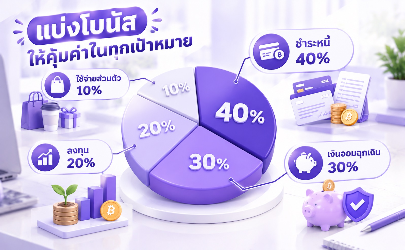 ตัวอย่างการแบ่งเงินโบนัสสำหรับชำระหนี้ ออมเงิน ลงทุน และใช้จ่ายส่วนตัว